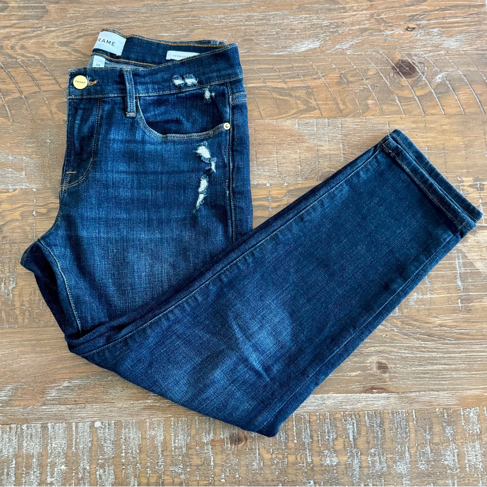 Frame Dark Blue Distressed Le Garçon Crop High-Rise Women Jeans, Size 26